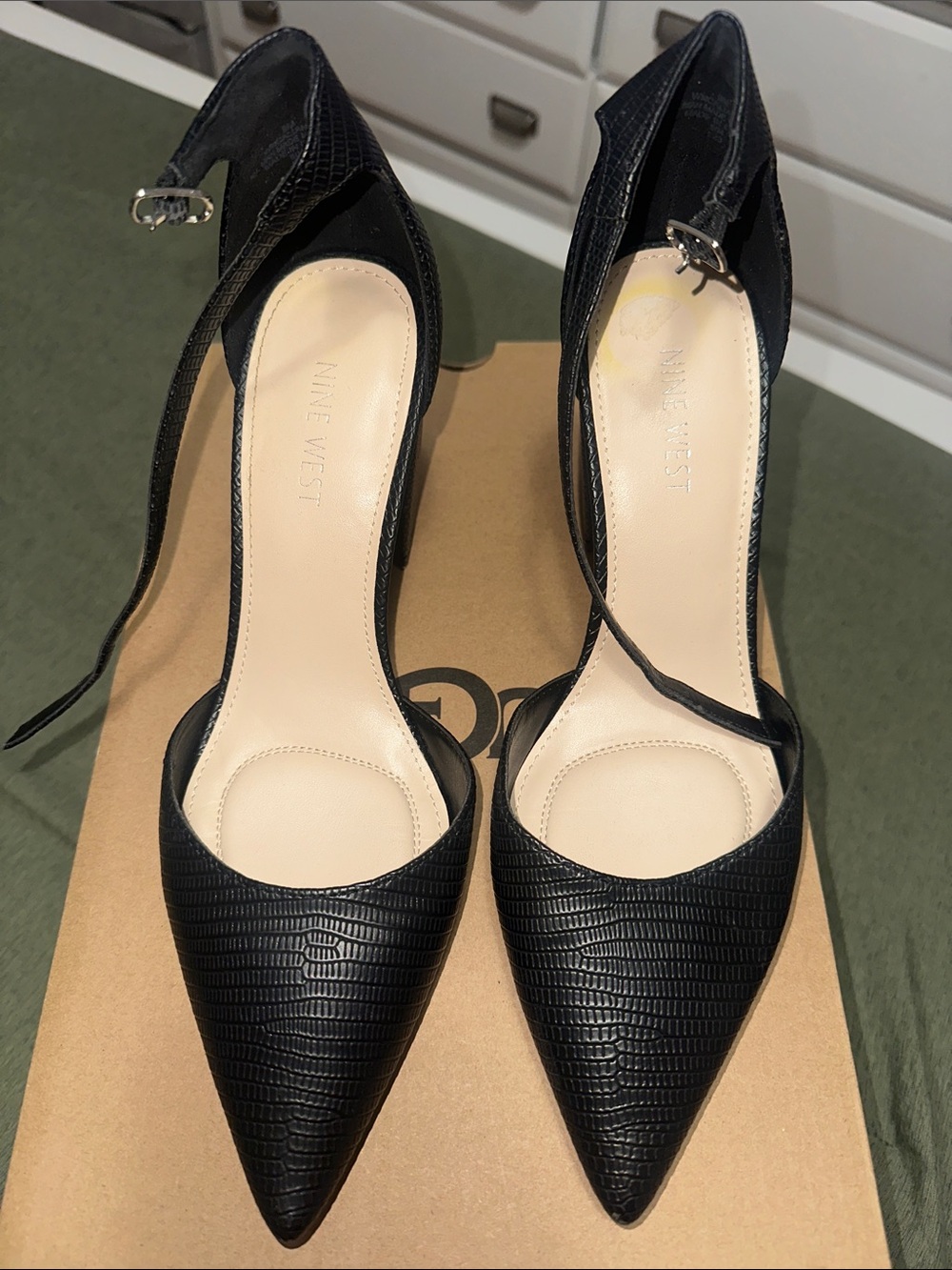 Nine West Black Textured Pointed-Toe Ankle-Strap Heels